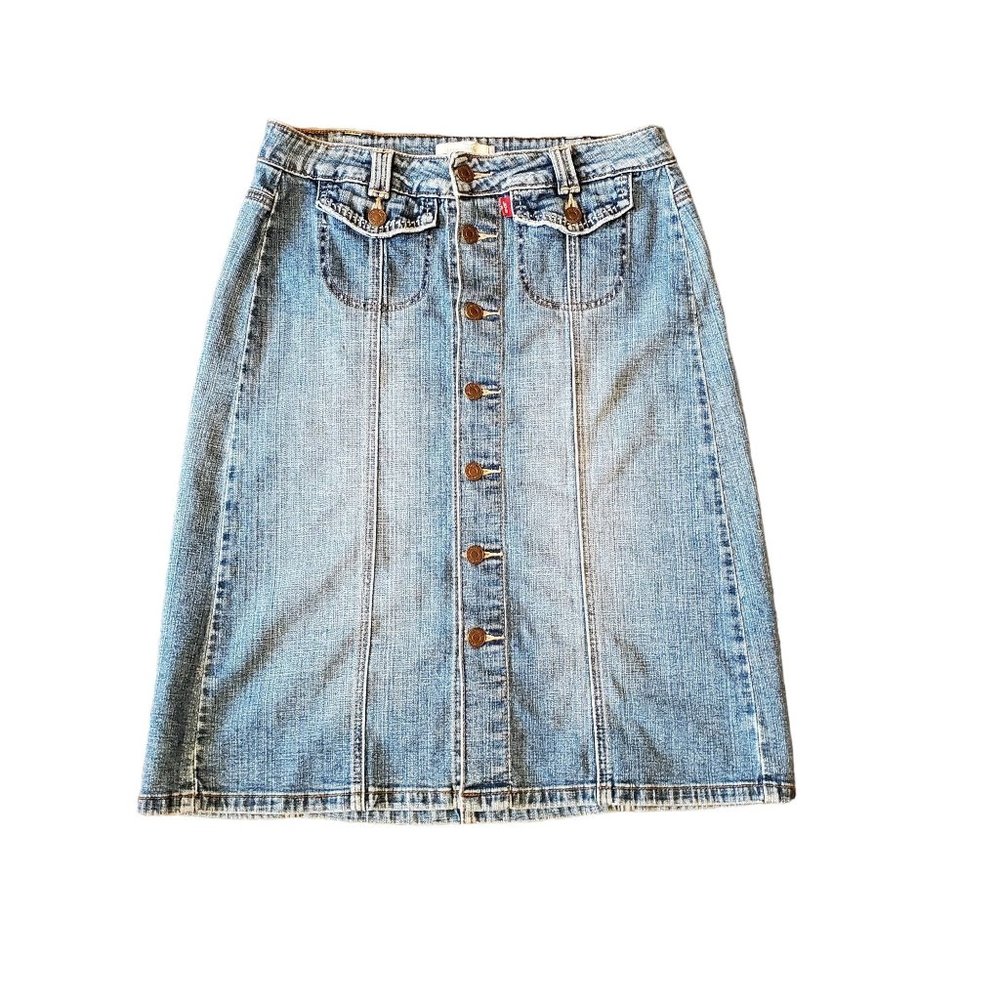 LEVIS 6 Blue Denim Jean Skirt Midi Button Down Modest Home School Church Grunge‎